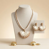 Creamy Browns Fanned Raffia Pendant Necklace Set