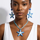 Aqua Blue Starfish Raffia Pendant Necklace Set