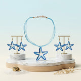 Aqua Blue Starfish Raffia Pendant Necklace Set