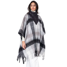 Load image into Gallery viewer, Poly Black Plaid Long Zip Fringe Poncho  for Women
