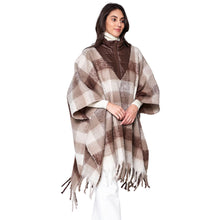 Load image into Gallery viewer, Poly Brown Plaid Long Zip Fringe Poncho for Women
