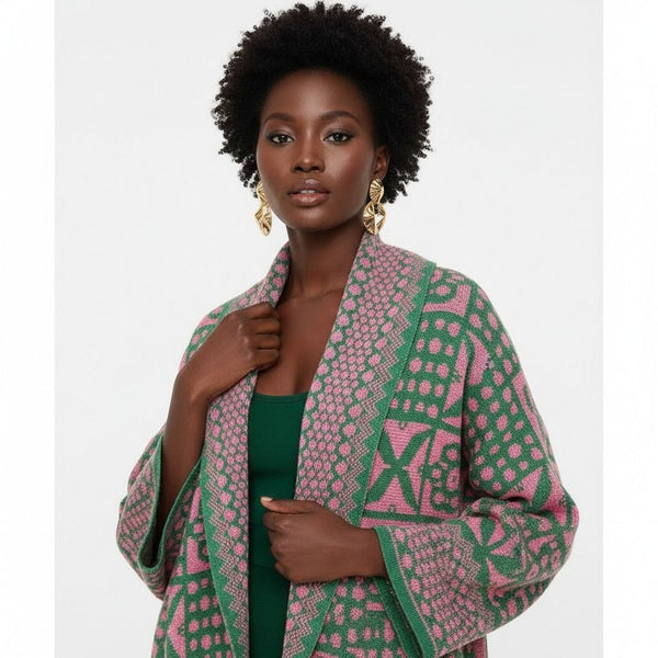 AKA Sorority Tile Print Knit Pink Green Cardigan