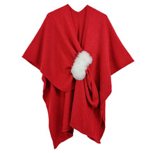 Cargar imagen en el visor de la galería, DST Sorority Red Knit Ivory Fur Ruana Scarf Wrap
