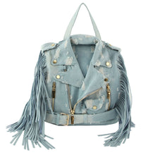 Load image into Gallery viewer, Moto Backpack Light Distressed Denim Handbag
