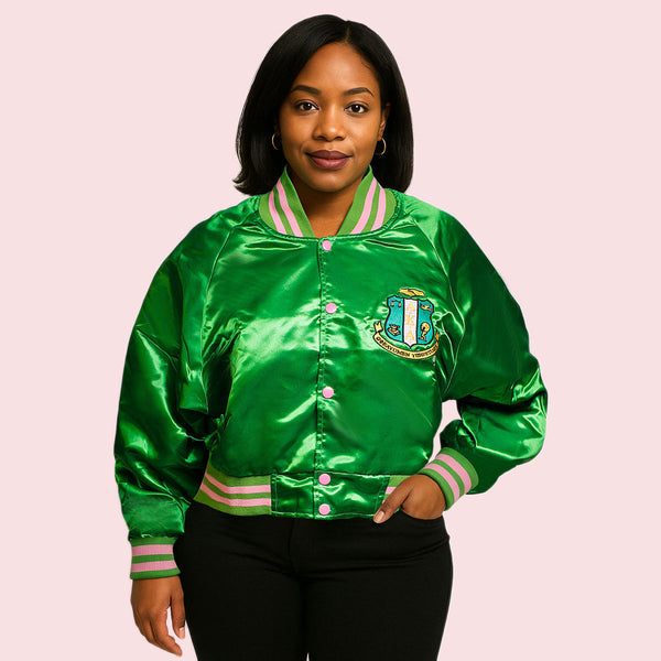 AKA Greek Apparel L Cropped Satin Varsity Jacket