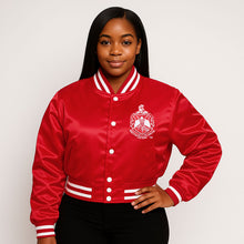 Cargar imagen en el visor de la galería, DST Greek Apparel L Cropped Satin Varsity Jacket
