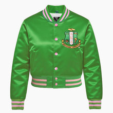 Cargar imagen en el visor de la galería, AKA Greek Apparel M Cropped Satin Varsity Jacket
