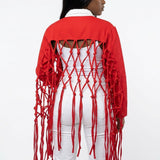 DST Apparel Large Red White Denim Fringe Jacket