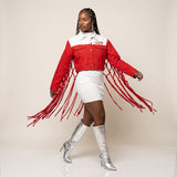 DST Apparel Large Red White Denim Fringe Jacket