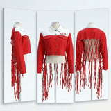 DST Apparel XLarge Red White Denim Fringe Jacket