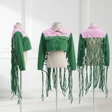 AKA Apparel Medium Pink Green Denim Fringe Jacket