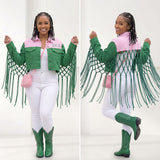 AKA Apparel XLarge Pink Green Denim Fringe Jacket