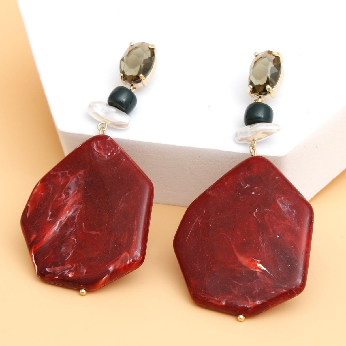 Dangle Red Marble and Olive Oval Crystal Earrings