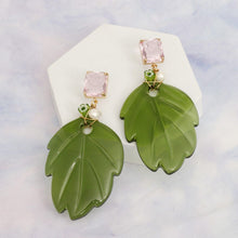 Load image into Gallery viewer, AKA Green and Pink Tropical Leaf Drop Earrings
