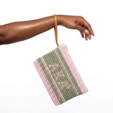 AKA Faded Pink Green Raffia Embroidered Pouch Bag