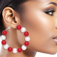 Cargar imagen en el visor de la galería, DST Sorority Red White 60mm Pearl Hoop Earrings
