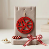 DST Round Red Wood Greek Letter Fish Hook Earrings