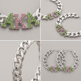 AKA Pink Green Stone Silver Chain Hoop Earrings