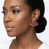 DST Sorority Greek Red Silver Fan Stud Earrings