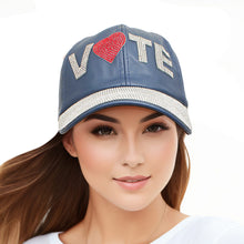 Cargar imagen en el visor de la galería, Hat Navy Leather VOTE Rhinestone Baseball Cap
