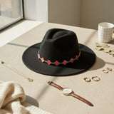 Black Fedora Hat with Pink Gold Quatrefoil Band