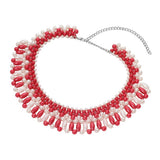 DST Red and White Oval Pearl Collar Necklace