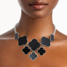 Load image into Gallery viewer, Bib Silver Chain Large Black Quatrefoil Necklace
