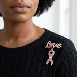 Gold Breast Cancer Love Pink Ribbon Dangle Brooch