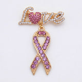 Gold Breast Cancer Love Pink Ribbon Dangle Brooch