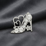 Glass Crystal High Heel and Heart Silver Brooch