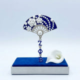 ZPB Blue Floral Pearl Hanfu Fan Dangle Brooch Pin
