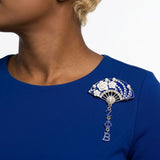 ZPB Blue Floral Pearl Hanfu Fan Dangle Brooch Pin