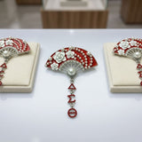 DST Red Floral Pearl Hanfu Fan Dangle Brooch Pin