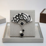 Brooch White Black and Silver Hanfu Fan Style Pin