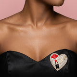 Gold Crystal Heart Red Lips Lipstick Love Brooch