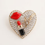 Gold Crystal Heart Red Lips Lipstick Love Brooch