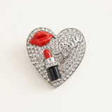 Silver Crystal Heart Red Lips Lipstick Love Brooch