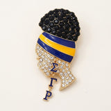 SGRHO Rhinestone Blue Gold Woman Profile Brooch