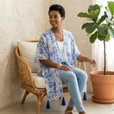 ZPB Blue and White Graphic Print Viscose Kimono