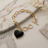 Black Heart Charm Gold Oval Chain Bracelet