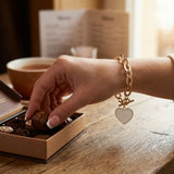 Cream Heart Charm Gold Oval Chain Bracelet