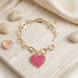 Pink Heart Charm Gold Oval Chain Bracelet