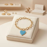 Turquoise Heart Charm Gold Oval Chain Bracelet