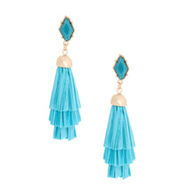 Load image into Gallery viewer, Teal Raffia Stacked Tassel Earrings
