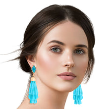Load image into Gallery viewer, Teal Raffia Stacked Tassel Earrings
