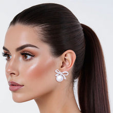 Load image into Gallery viewer, Studs Silver Ribbon Bow White Pearl Earrings Women

