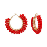 Hoops Red Bead Gold Wire Wrapped Earrings Women