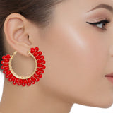 Hoops Red Bead Gold Wire Wrapped Earrings Women