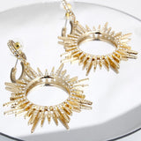 Drop Gold Open Hoop Sunburst Rhinestone Earrings
