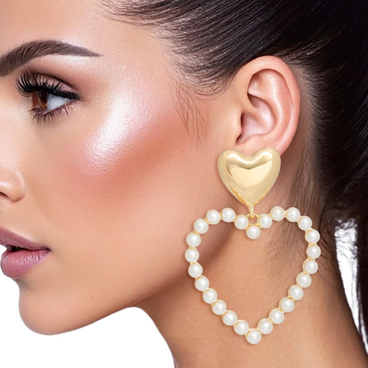 Drop Gold Cream Pearl Heart Earrings for Women